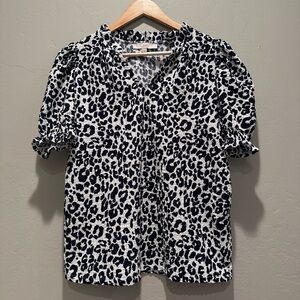 Loft Leopard‎ Print Short Puff Sleeve Blouse Top Size Small